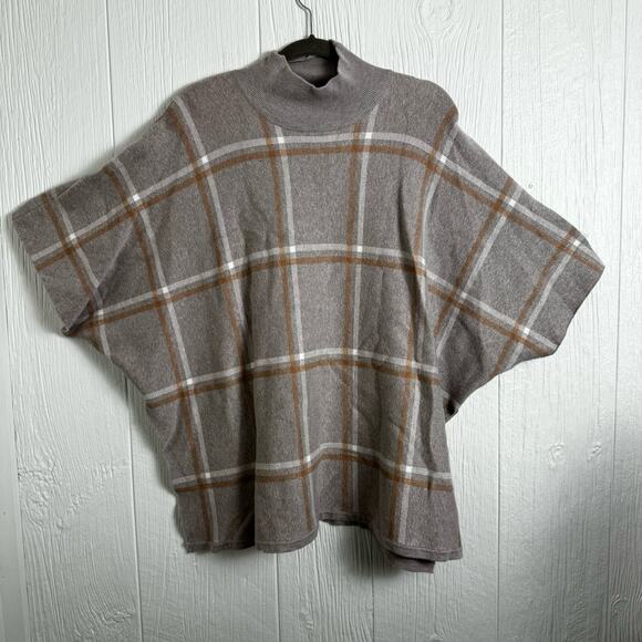 Max Studio Womens Poncho Cape Mock Neck Window Pane Plaid One Size Knit Pullover - Picture 7 of 8